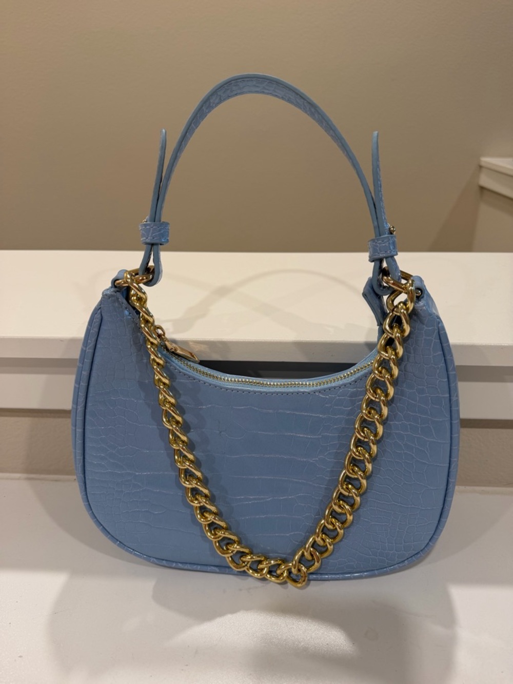 Aqua Light Blue Croc-Embossed Shoulder Bag with Gold Chain